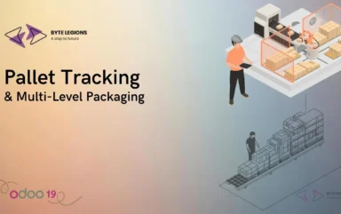 A warehouse pallet tracking and multi-level packaging setup in Odoo 19 showing nested package hierarchy, odoo customization services.